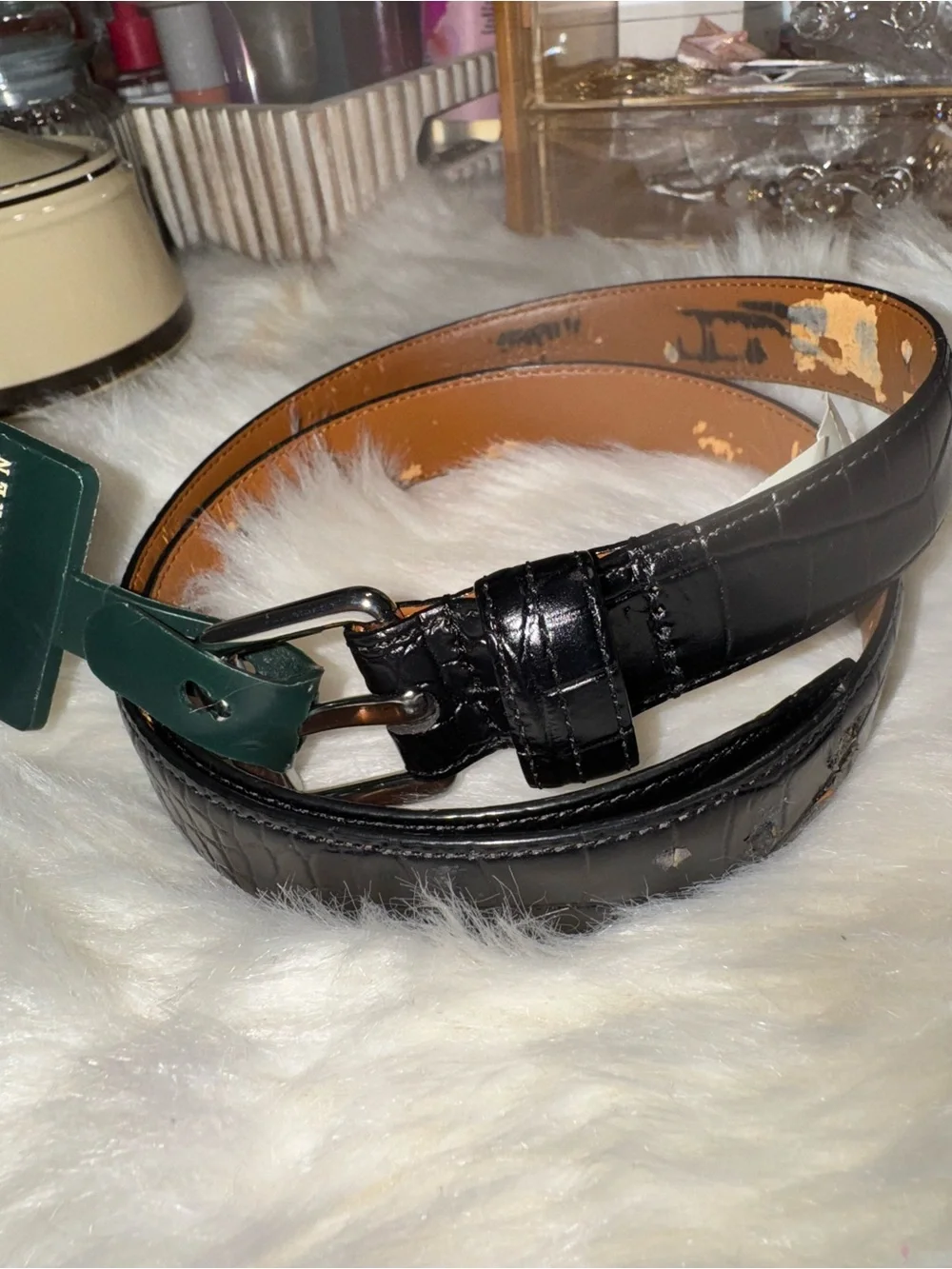 Ralph Lauren Black Croc-Embossed Leather Belt with Silver Buckle